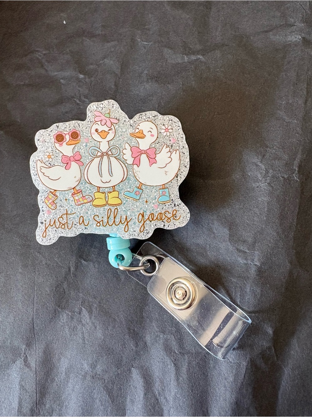 Just a Silly Goose Duck Badge Reel — Pastel White, Pink & Blue